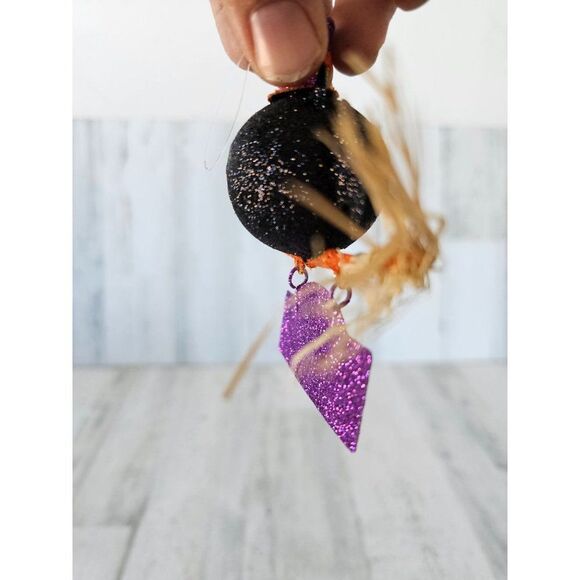 Pier 1 glitter owl ornament Halloween fright broom rare vintage décor - Picture 4 of 8